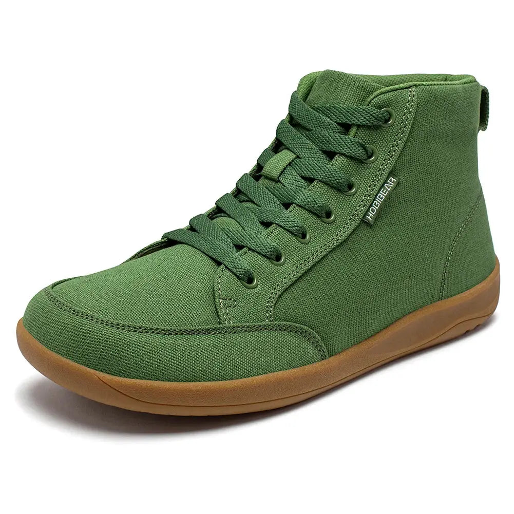 HOBIBEAR mid-top green canvas barefoot sneaker with lace-up, wide toe box, tan outsole