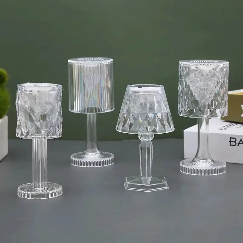 Mini crystal table lamps, clear faceted acrylic LED night lights, battery-powered, 4-pack