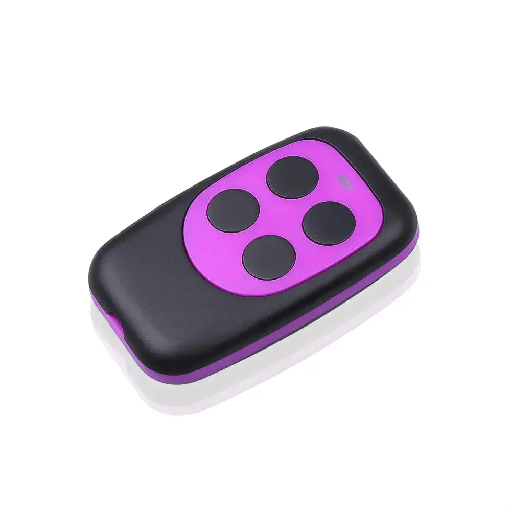 Garage door remote control with four black buttons on a purple panel