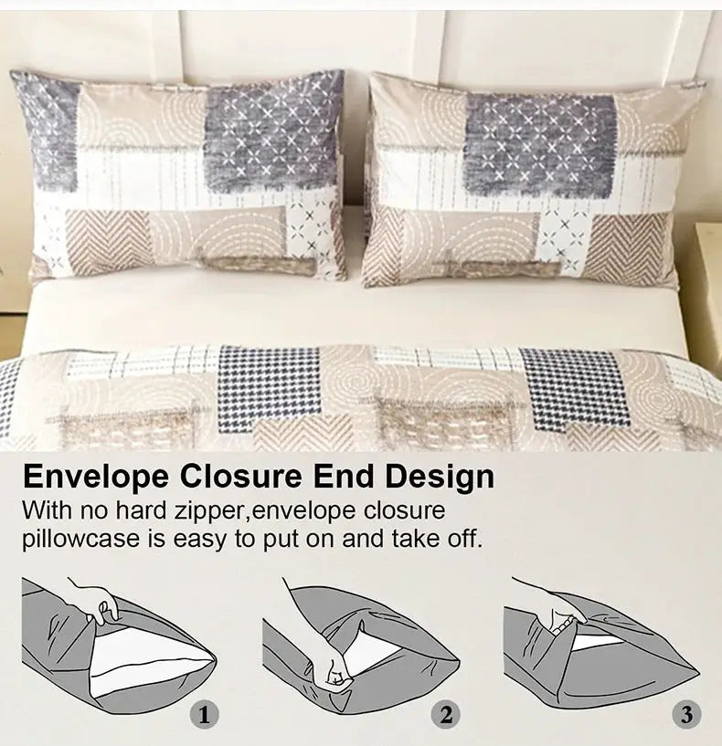 3pc Patchwork Duvet Cover Set by Simples Market, beige/gray tones, soft skin-friendly fabric