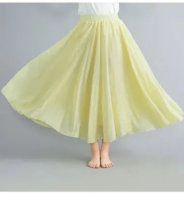 Simples Market women's long skirt, elastic waist, light yellow cotton-linen fabric, Mori Girl style