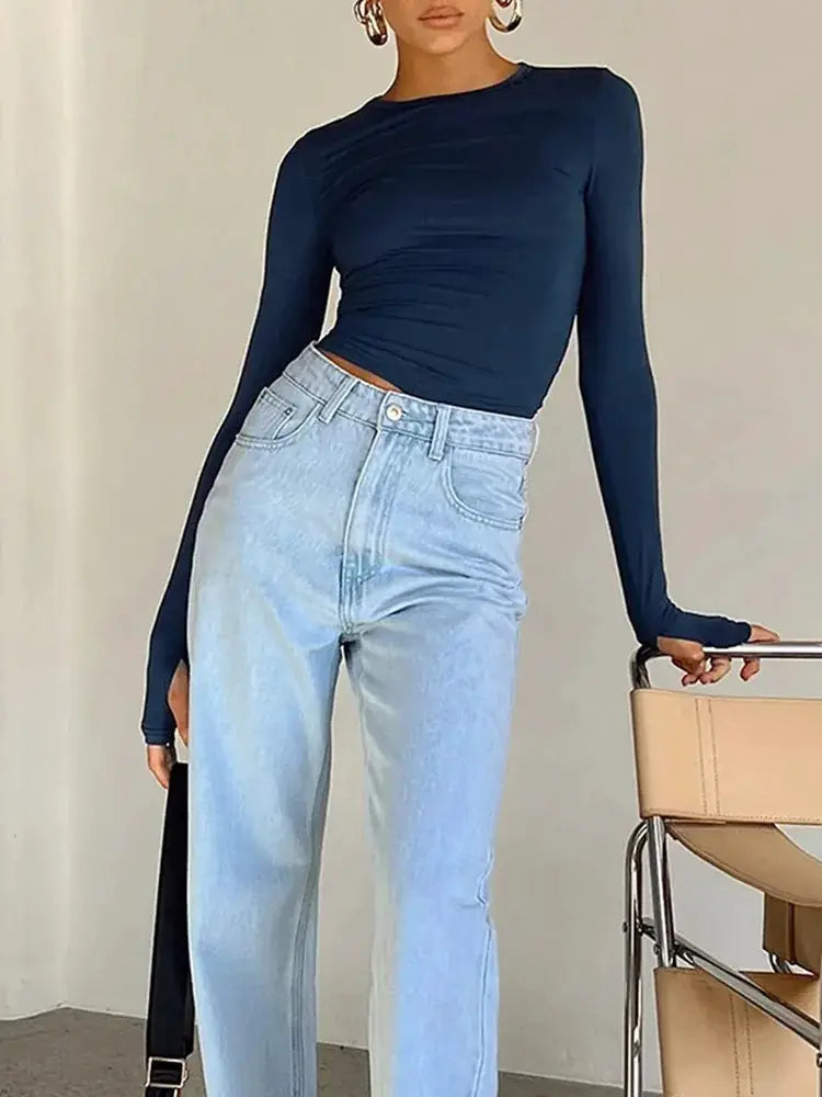 Women's Long Sleeve Crew Neck Crop Top With Thumb Holes Slim Fit Streetwear Daily Summer Camis