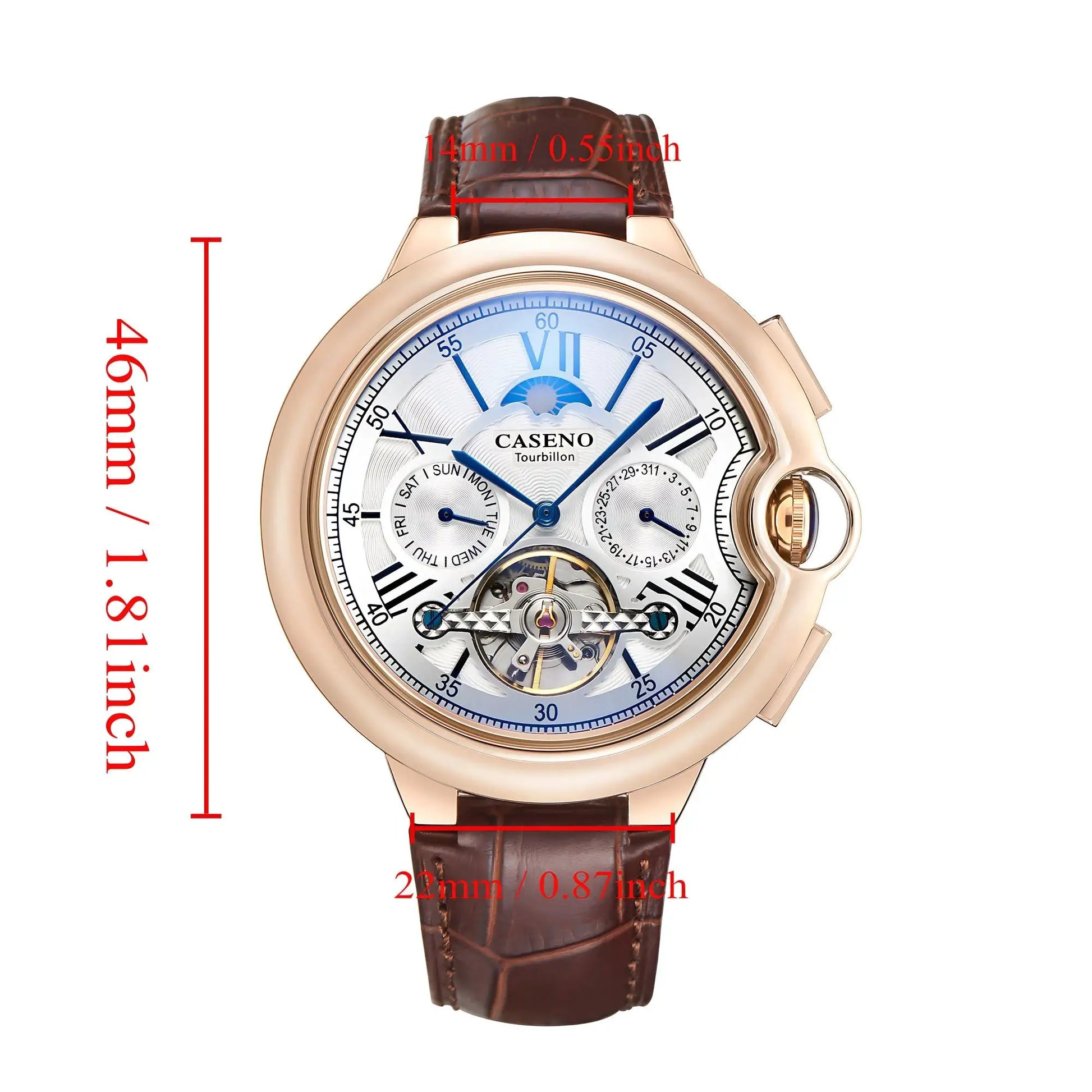 CASENO Star Roman Grand men's automatic tourbillon watch with rose-gold case and brown leather strap