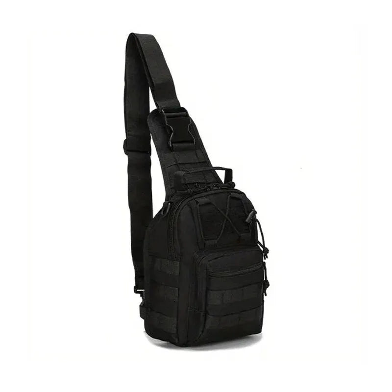 Simples Market black tactical chest bag with MOLLE webbing and multiple pockets, crossbody sling.