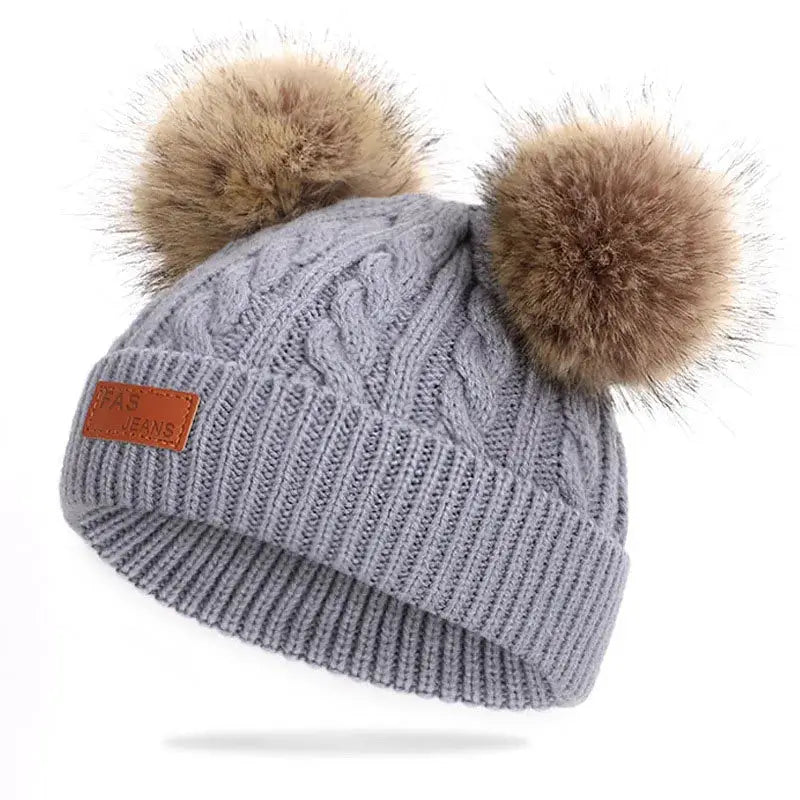 Cute Double Wool Pompom Baby Hat For Kids Warm Autumn Winter Knitted Beanie Cap For Boys And Girls