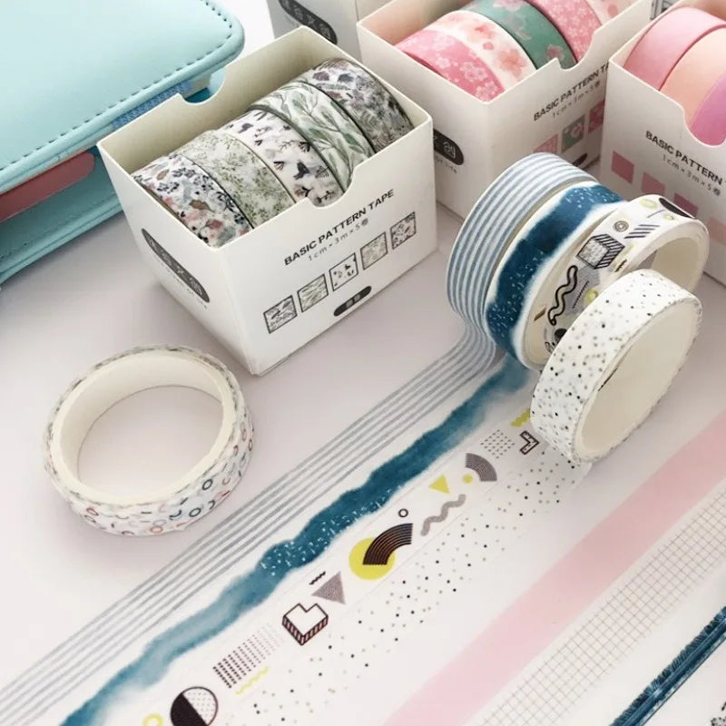5Pcs washi tape set with assorted pastel floral, stripe and speckled patterns in a white display box.