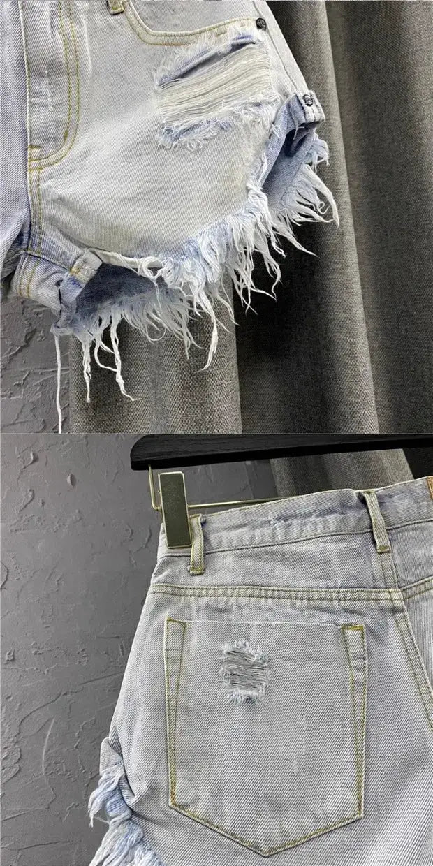 Women's light-wash distressed denim shorts with frayed hems and ripped detailing