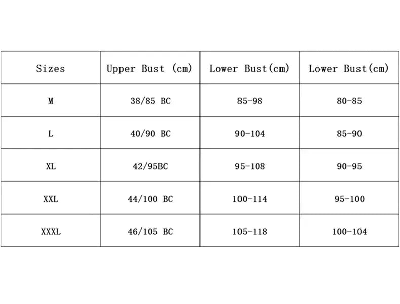 Simples Market women's bra size chart showing M–XXXL with upper and lower bust measurements.