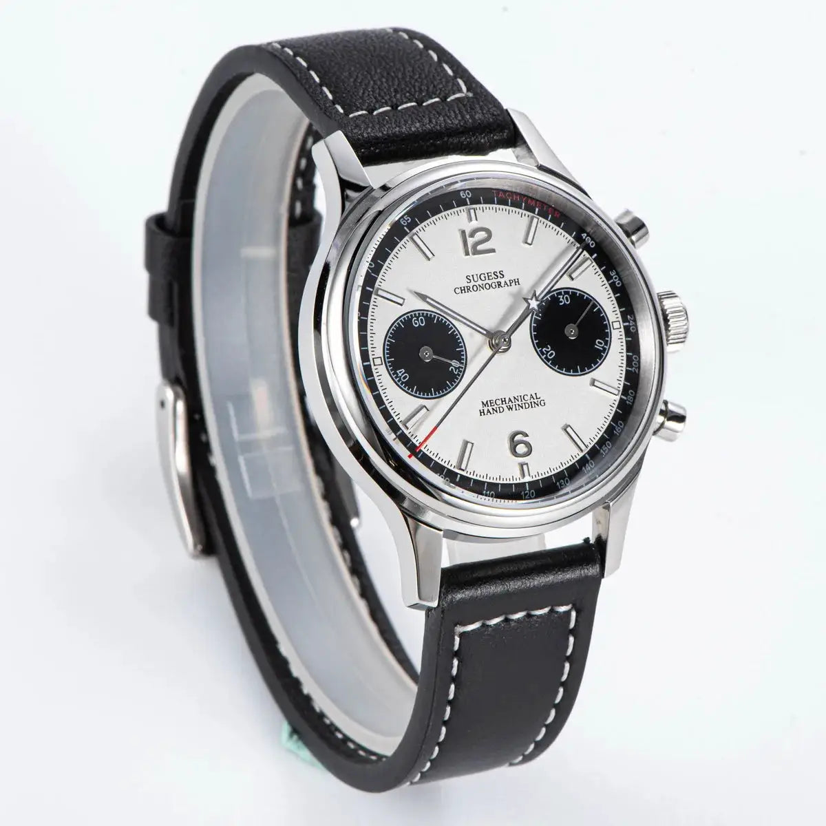 Sugess 1963 Pilot watch with panda dial, mechanical chronograph, stainless steel case, black leather strap