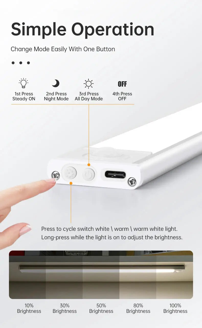 Simples Market LED motion sensor light, white USB under-cabinet night light with brightness control and on/off button