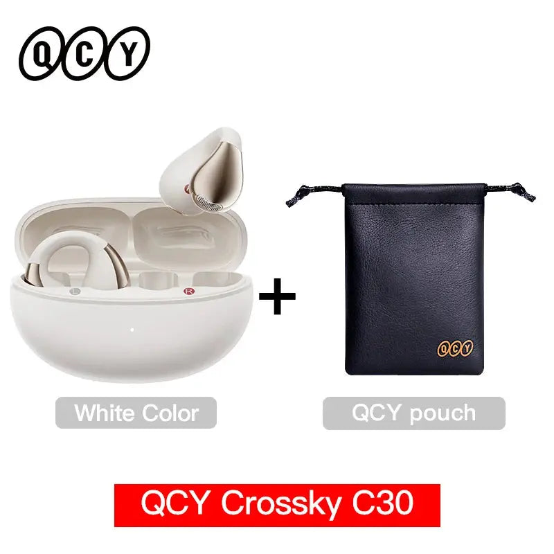QCY Crossky C30 ear clip wireless open-ear earphones with white charging case and black QCY pouch