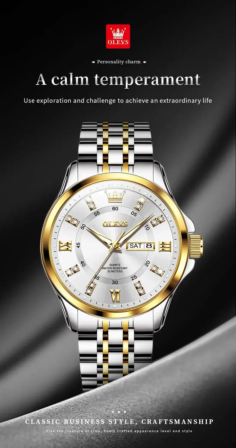 OLEVS men's luxury two-tone stainless steel watch with gold bezel and diamond markers