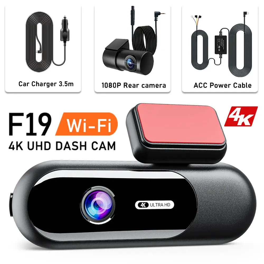 F19 4K UHD dash cam with front and rear cameras, Wi‑Fi, HDR night vision; includes car charger and ACC power cable