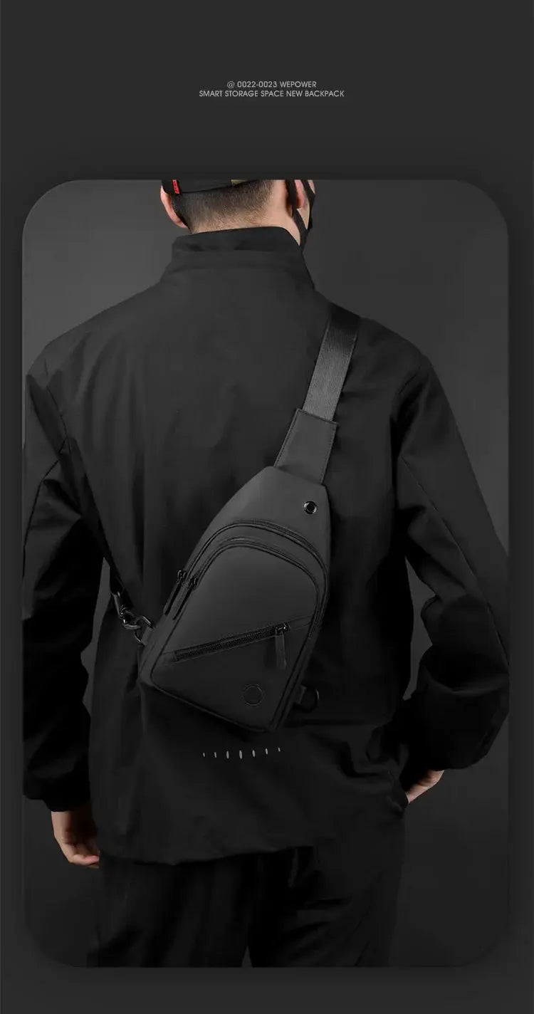 Lightweight men's chest bag in black nylon with multiple zip pockets and crossbody strap