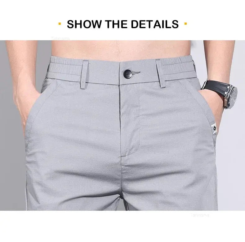 Simples Market ultra-thin elastic men's casual pants in light gray ice silk cotton, slim straight business trousers