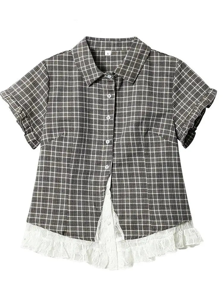 Lace patchwork plaid shirt with short sleeves, grey plaid and white lace hem, Simples Market