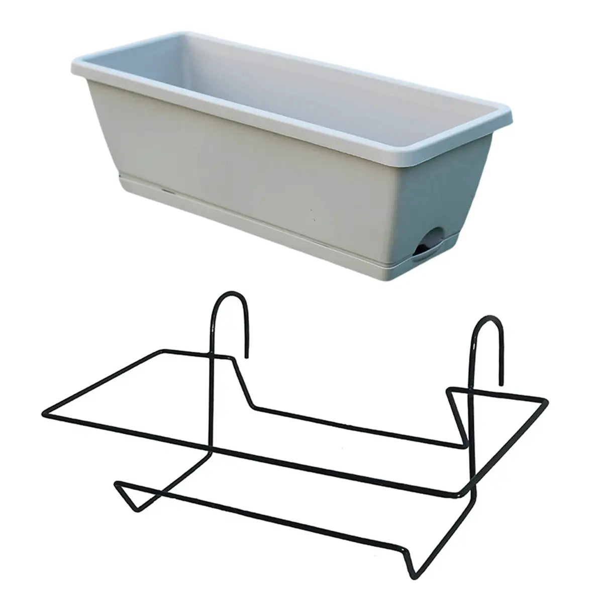 1-set gray rectangular plastic balcony planter with tray and black metal hanging rack
