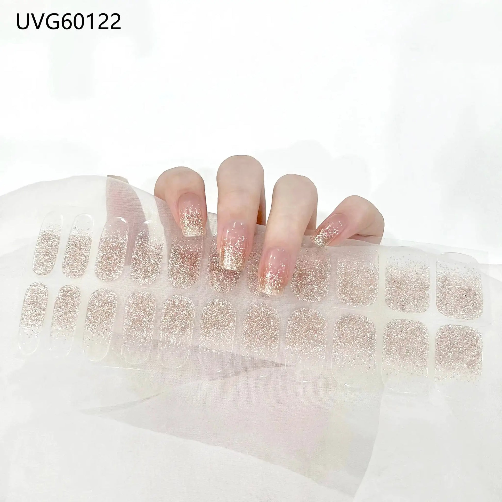 Gel nail wrap set semi-cured with rose-gold glitter tips, 16/20/22 sizes for full-cover DIY manicure