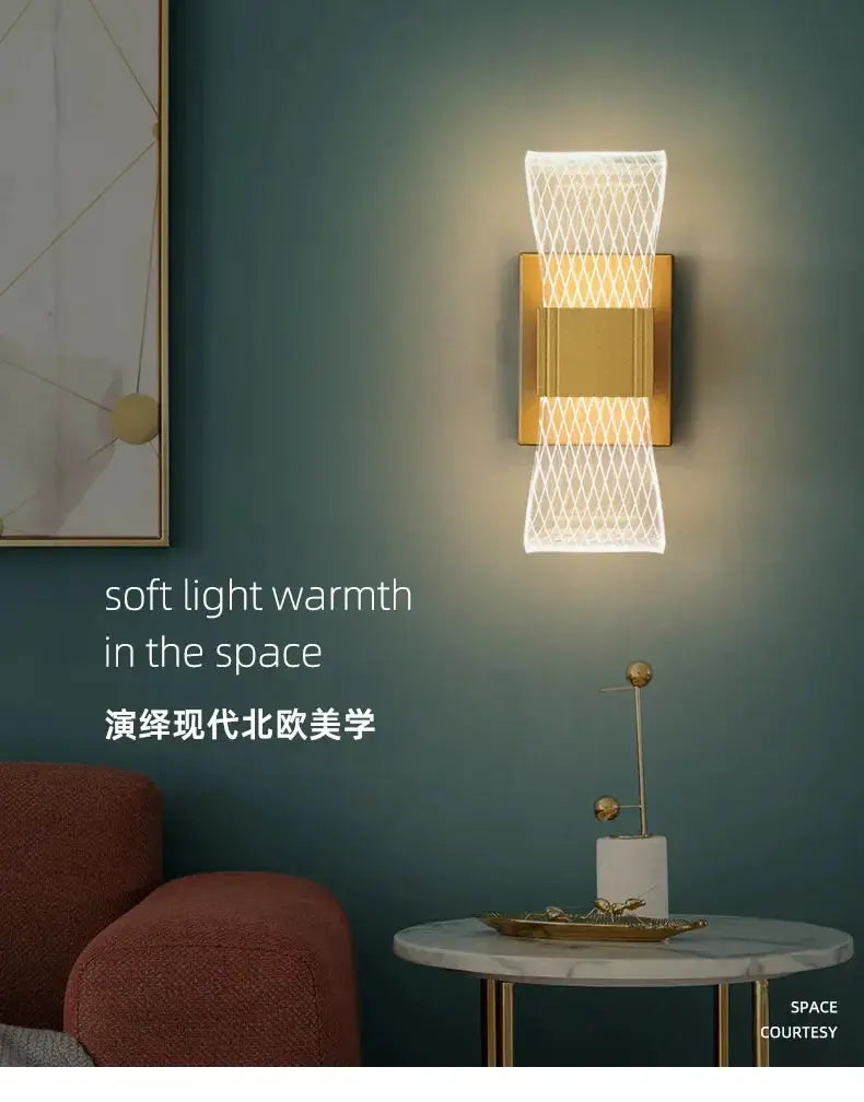 Nordic luxury wall lamp with aluminum gold finish and white lattice shade, LED bedside light