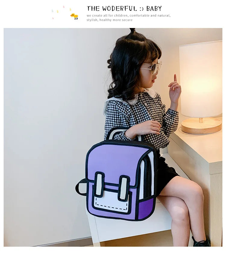Kids' purple school backpack with black trim and front pocket for primary students.