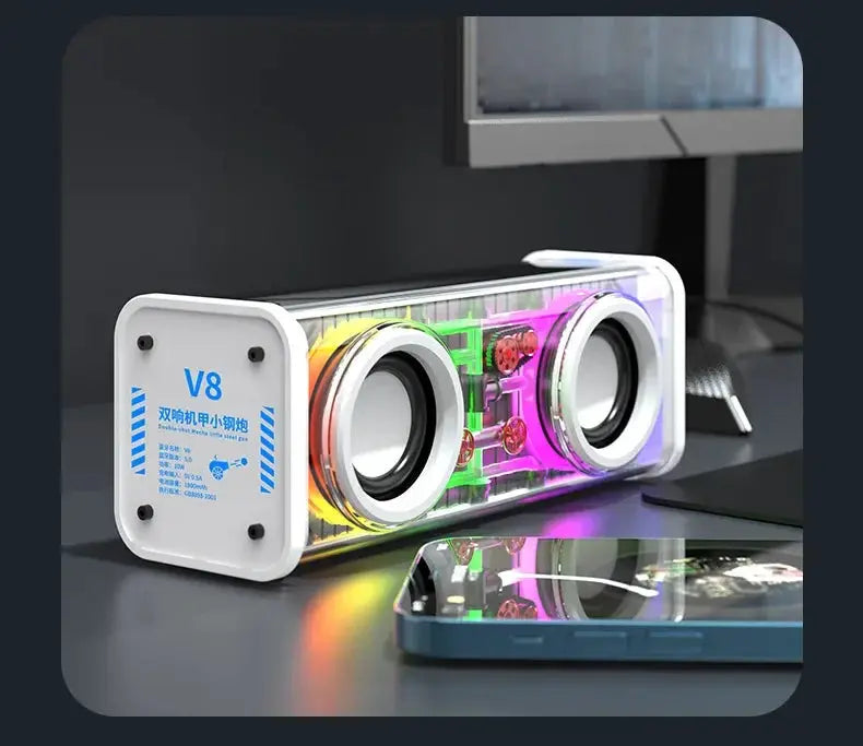 Simples Market V8 transparent mecha speaker with dual bass diaphragms and RGB lighting