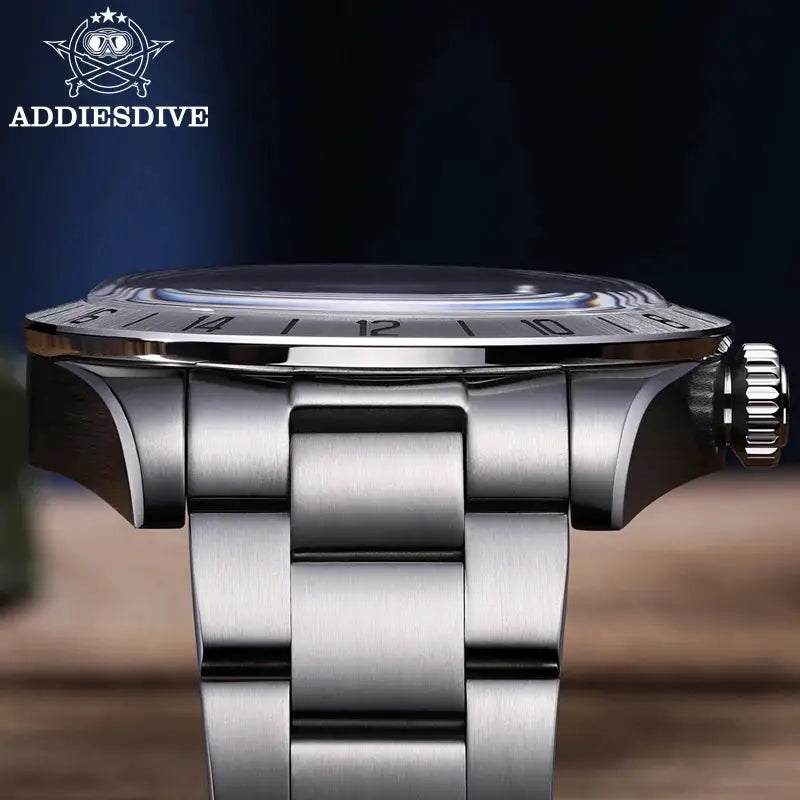 ADDIESDIVE stainless steel GMT watch with 39mm case, metal bracelet, domed crystal