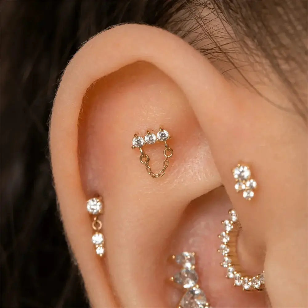 AIDE Heart Round Ball Flat Helix Piercing Earring, gold-tone 925 sterling silver with zircon stones