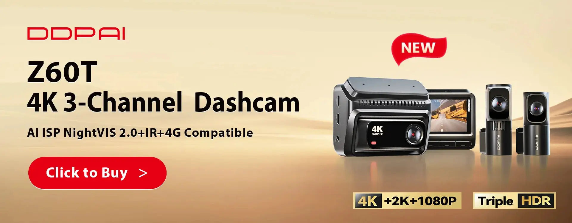 DDPAI Z60T 4K 3-Channel Dashcam with front GPS, dual Sony sensors, AI Night Vision, WiFi ADAS HDR DVR