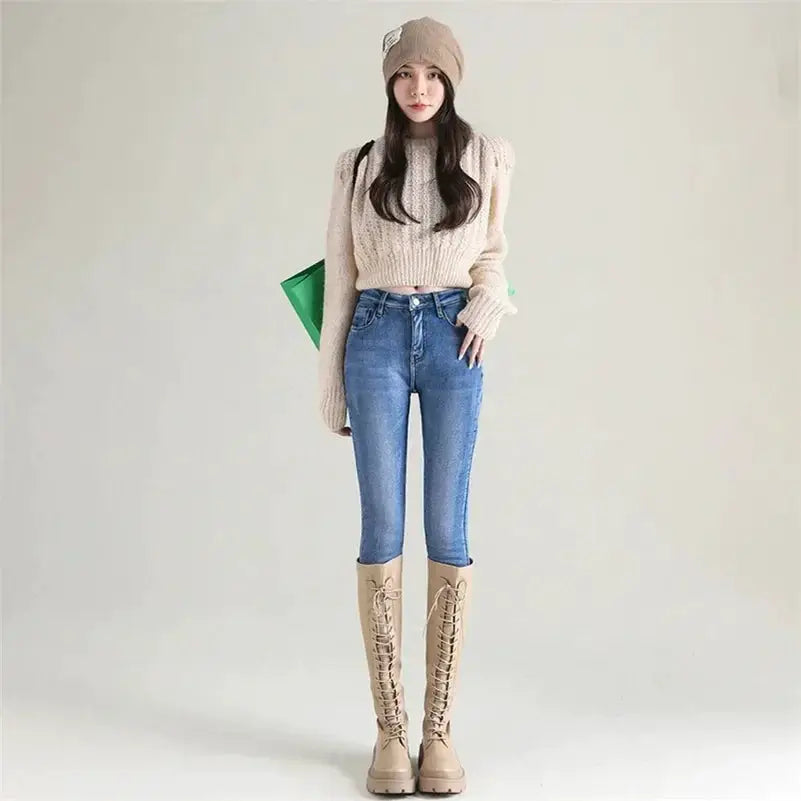Women Thermal Skinny Jeans With Plush Lining Warm Winter Denim Pants