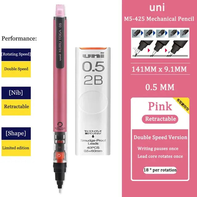 UNI Kurutoga pink 0.5mm mechanical pencil with rotating lead, shown with packaging