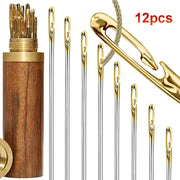 12pc blind needle set with stainless steel needles and gold-colored tips in a wooden case, Simples Market