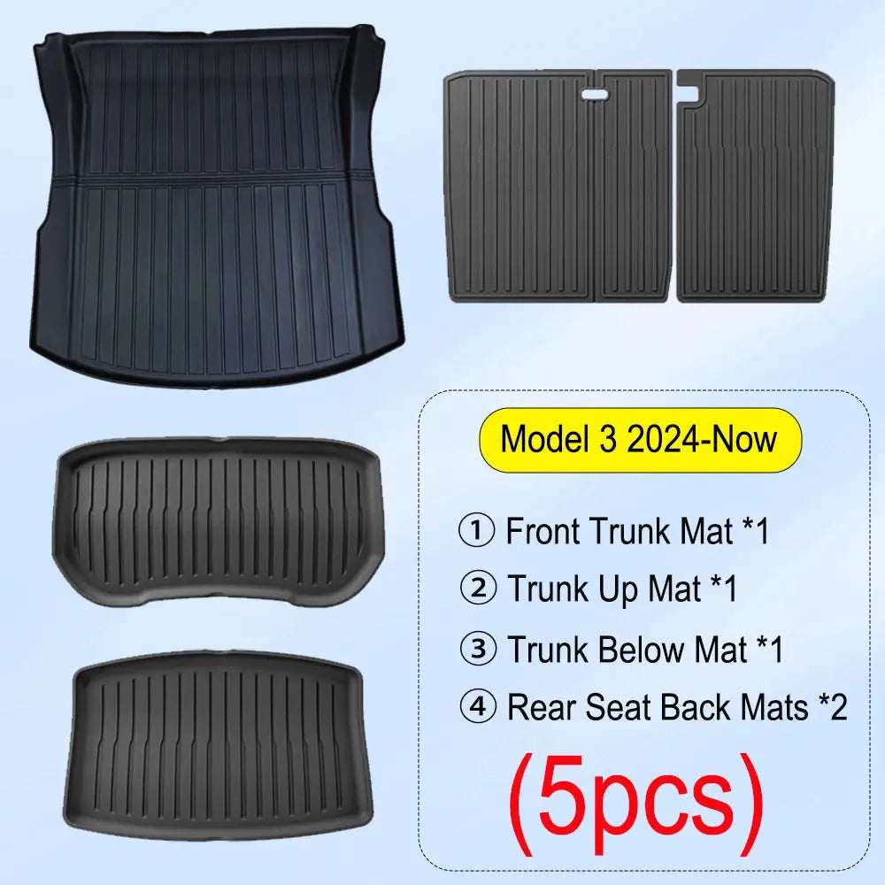 Simples Market five-piece black TPE trunk mats for Tesla Model 3: front trunk mat, trunk mats, and two rear mats