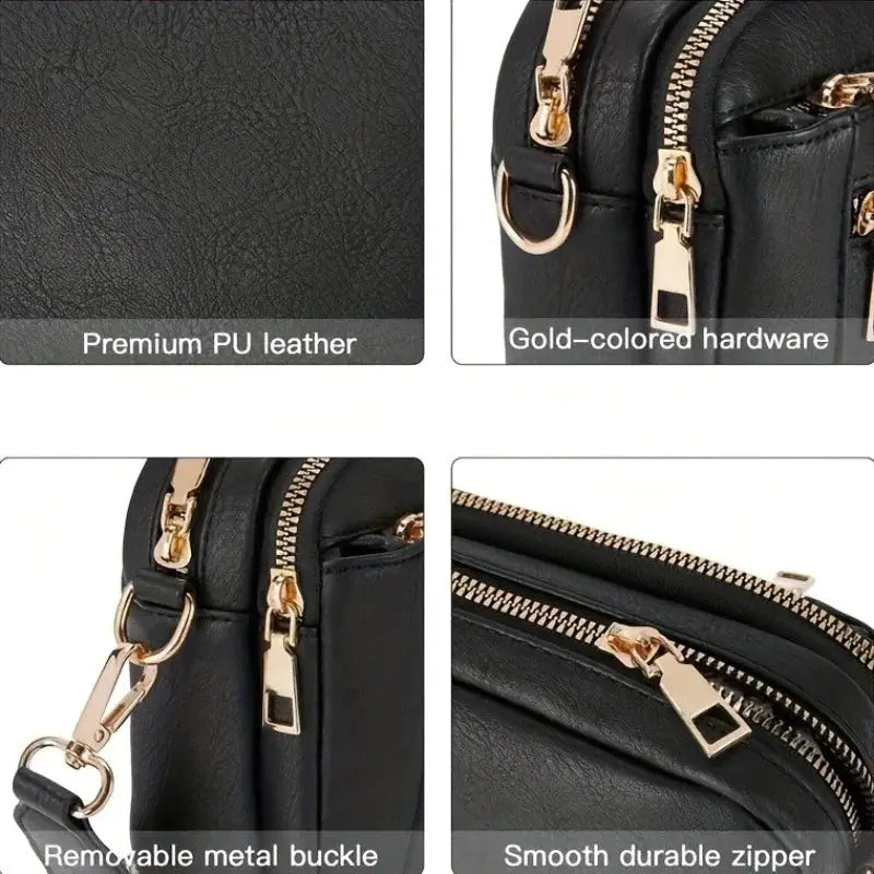 Multifunctional women's bag in black premium PU leather with gold hardware, crossbody strap, and small square design.