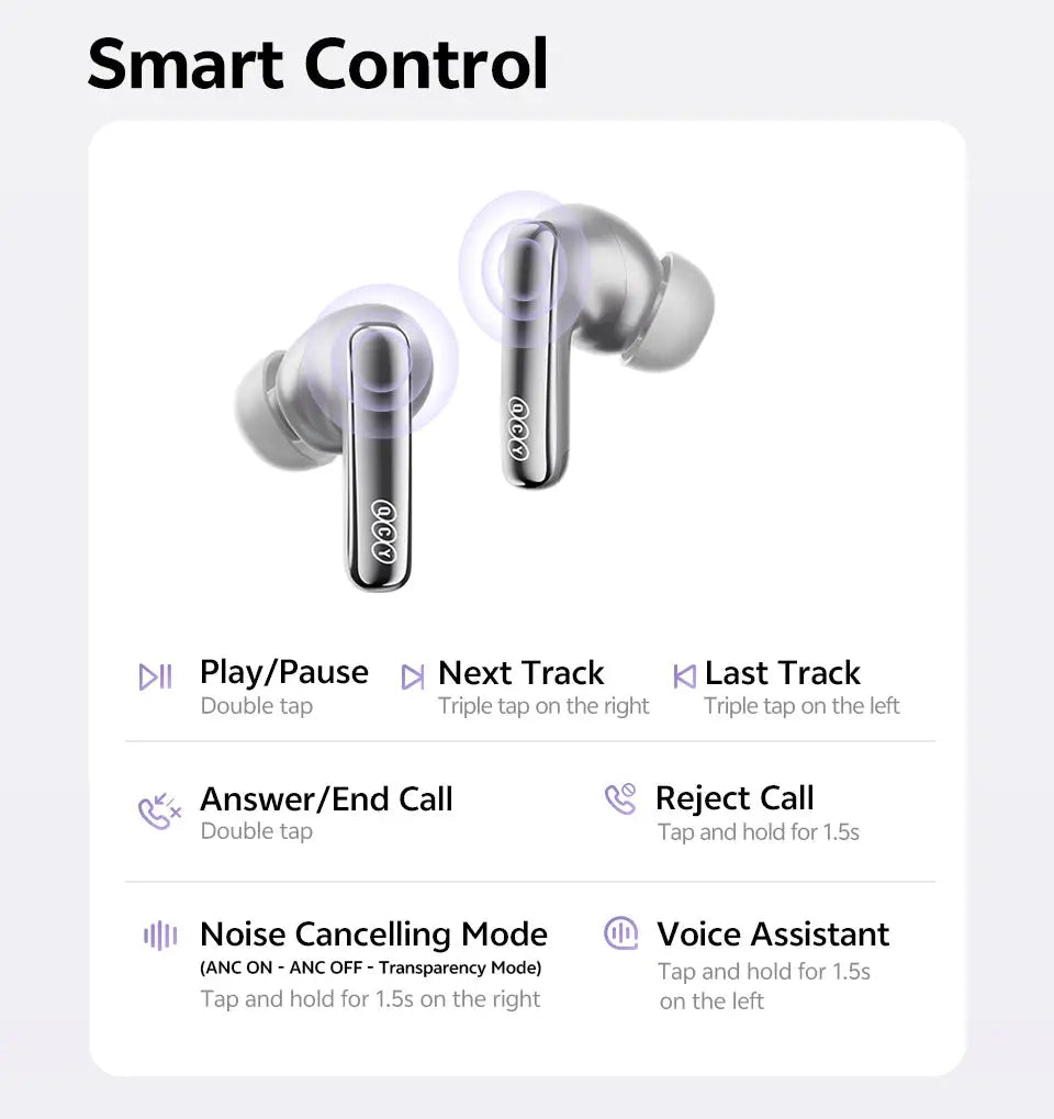 QCY HT18 MeloBuds N70 wireless earbuds with silver stems and purple-lit silicone tips