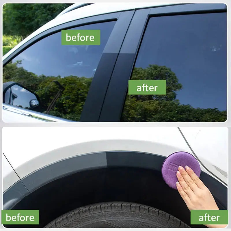 Plastic Restorer Back To Black by Simples Market; dark glossy car detailing product, 2-panel before/after