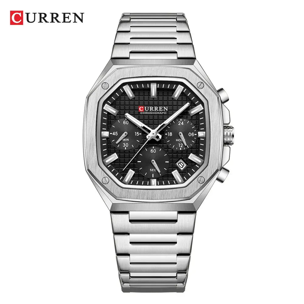 Curren men's square stainless steel chronograph watch with date and black textured dial