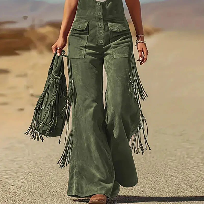 Olive green suede jumpsuit with wide legs and fringe tassels, button-front bodice