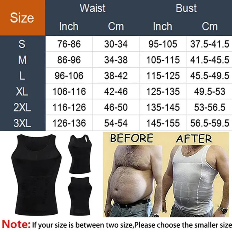 Simples Market three-piece men's slimming shapewear tank tops, black compression vests with size chart