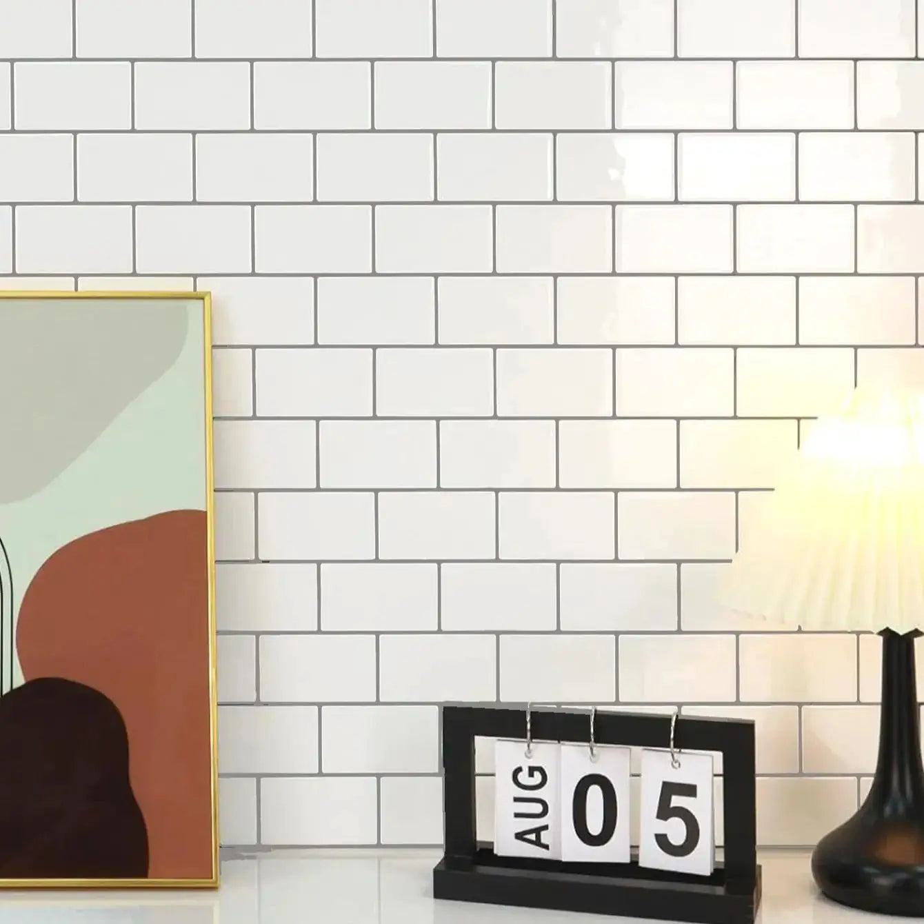 White subway backsplash tile sheets, waterproof peel-and-stick for kitchen or bathroom, easy to clean