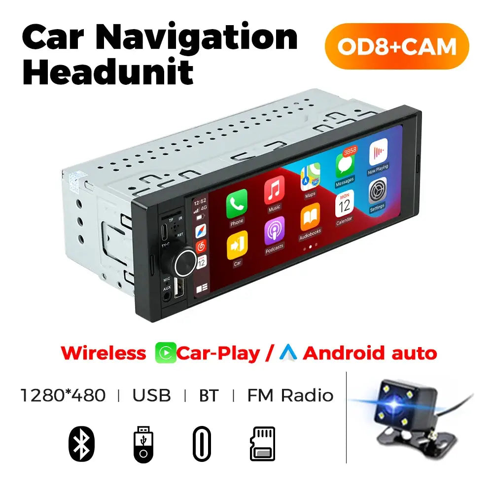 1DIN Universal MP5 car radio headunit with 6.86-inch touchscreen, wireless CarPlay & Android Auto – Simples Market