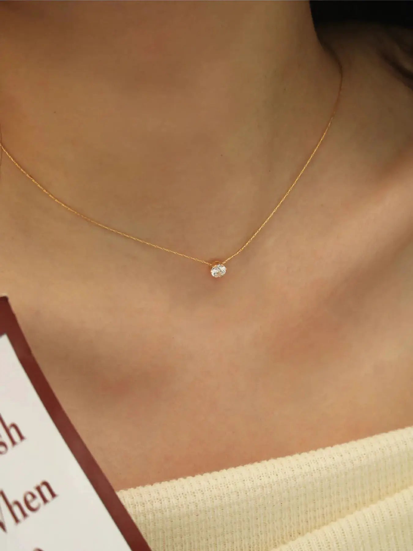 PerisBox dainty zircon necklace on rose-gold stainless steel chain with round clear CZ pendant