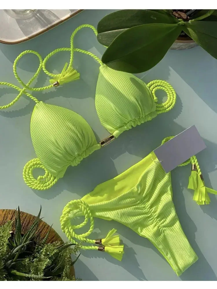 New Women Bikini Backless Rope Triangle Swimsuit Neon Lime by Simples Market (2-piece)