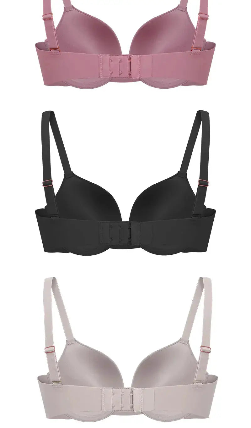 Three-pack push-up wireless bras in pink, black and beige with adjustable straps and front closures