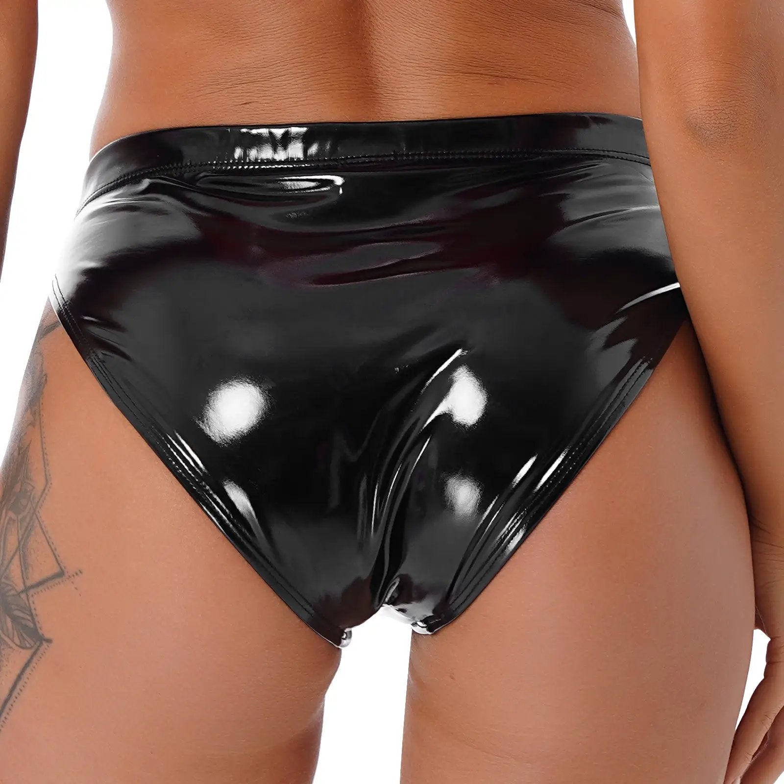 Womens black wet-look patent leather briefs, low-waist bikini-style underwear