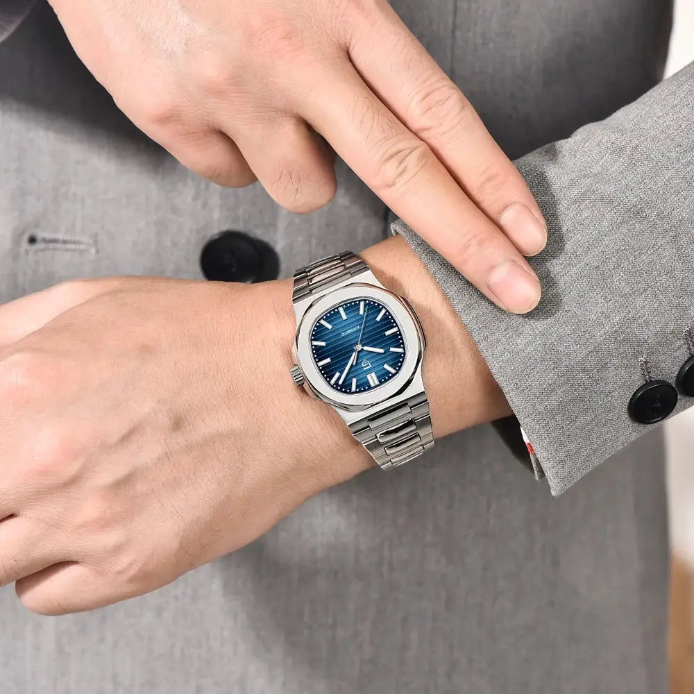 Pagani Design men's luxury automatic watch with blue textured dial and stainless steel bracelet