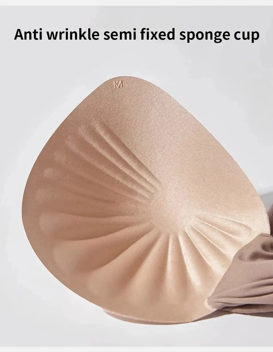 Beige seamless bra with anti-wrinkle semi-fixed sponge cup, wire-free pull-up support