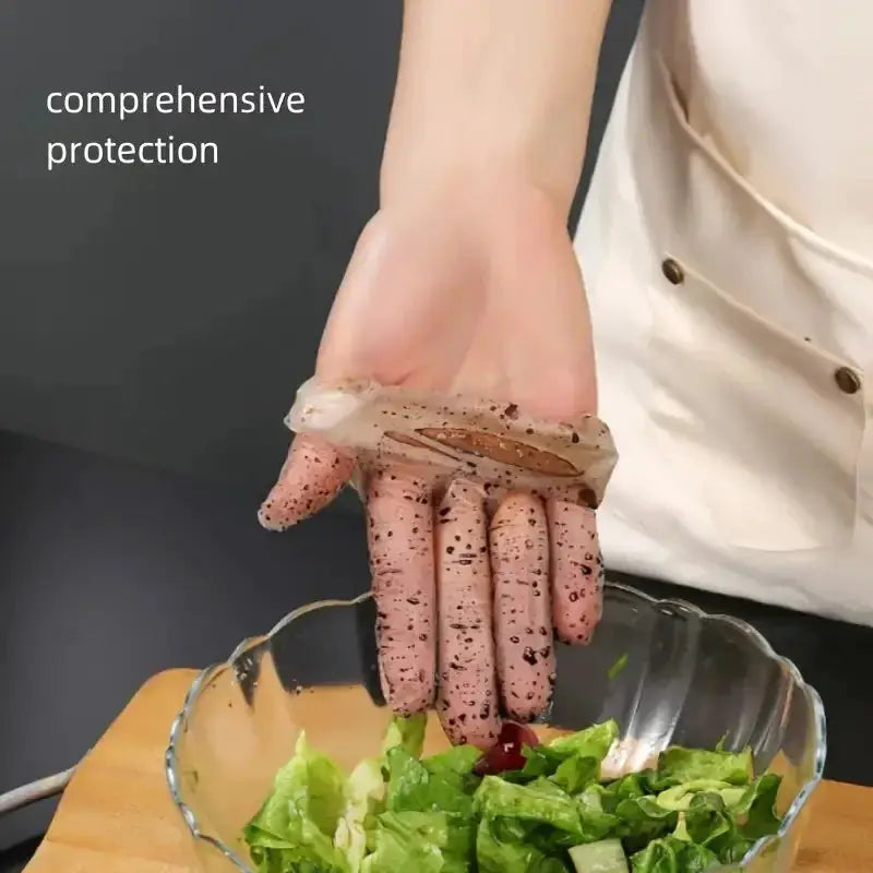 Simples Market disposable TPE gloves; pink-tinted transparent material for kitchen cleanup