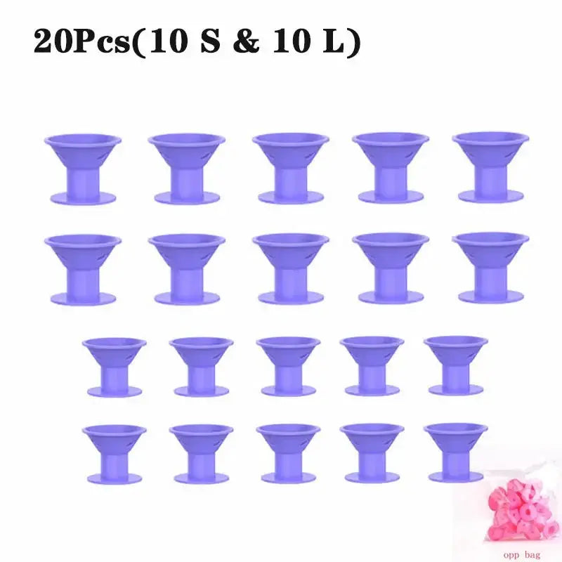 Purple silicone heatless hair curlers, 20 pcs (10 small + 10 large)