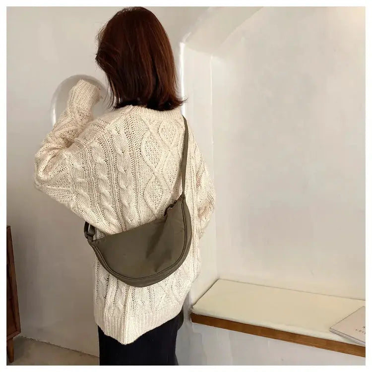Casual nylon hobo crossbody bag in taupe, large-capacity with adjustable strap