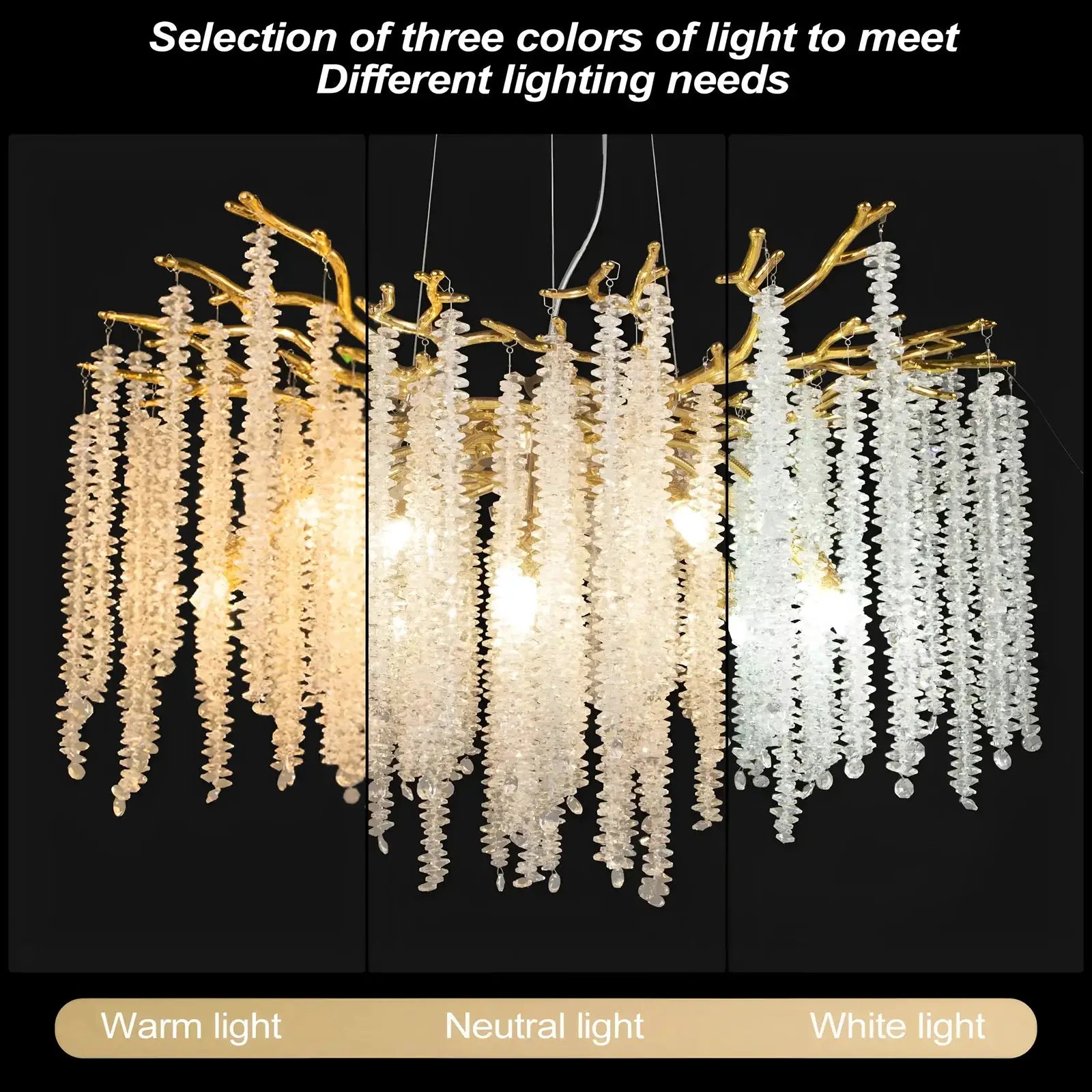 Modern crystal chandelier with gold-tone branches and cascading clear crystal beads for living room decor